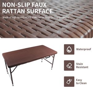 Tavolo Pieghevole Portatile in Rattan Marrone da 4 Piedi, per Interni ed Esterni, con Design Intrecciato - Product Image 4