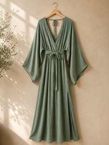 Elegante Vestido Maxi de Algodón Arrugado con Mangas Kimono, Escote Pronunciado en V, Espalda Abierta, Estilo Resort, Vestido de Verano Fluido para Playa - Product Image 2