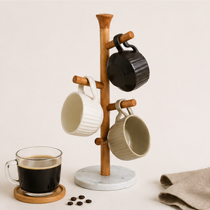 Modern Farmhouse Wooden Mug <b>Rack</b> Tree With Heavy Marble Base Durable Coffee Bar Accessory And Cup Organizer Stand For Home <b>Rack</b> - Product Image 2