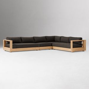 Canapé d'angle de patio en teck de style Japandi moderne, tissu anthracite et structure en bois - Product Image 3