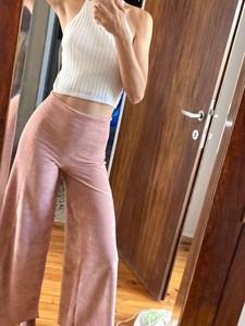 Women's Pink Wide Leg Pants High Waist Elastic Loose Fit Full Length Solid Color Casual Spring Style Knitted Spandex Cotton - Product Image 4