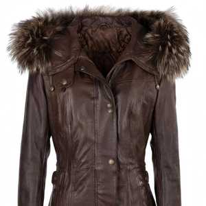 <b>Women's</b> Brown Genuine Leather <b>Parka</b> <b>Coat</b> <b>With</b> <b>Fur</b> Trim <b>Hood</b> Winter Jacket - Product Image 3
