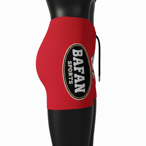 Short rojo premium de poliéster y spandex de 240 GSM con cintura cruzada acanalada y logo bordado. - Product Image 3