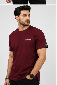 เสื้อยืดคอกลมแขนสั้นสีแดงเลือดหมูสำหรับผู้ชาย ทรงหลวม สีพื้น ผ้าฝ้ายผสมใยไผ่ โลโก้ด้านหลัง ไม่หดตัว น้ำหนัก 300 กรัม เสื้อลำลอง ขายส่ง - Product Image 1