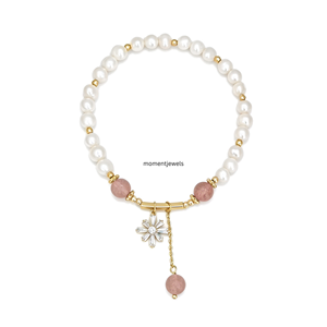 Freshwater Pearl Charm Bracelet Gold Plated Stone Beaded <b>Bangle</b> Floral Pendant Jewelry for Women - Product Image 1