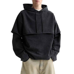 Nouvelle Arrivée Sweat-shirt à Capuche Unisexe Effet Vieilli Double Manches Manches Longues Vintage Oversize Hiver Chaud Polaire 100% Coton - Product Image 2