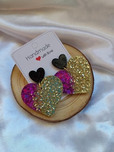 Handmade Heart Shape Glitter Earrings <b>Pink</b> Gold Black Fashionable Valentine'S Day <b>Gift</b> Plastic Resin Jewelry Set - Product Image 2