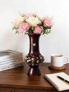 Decorative Flower <b>Vase</b> Bud <b>Vase</b> Maroon Floral Planter Gold Pattern Desktop Home Decor - Product Image 1