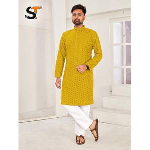 DISEÑADOR RAYON CHICKENKARI TRABAJO HOMBRE KURTA PIJAMA AMARILLO Achkan Bandhgala Sherwani - Product Image 1