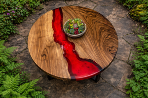 Table de salon ronde en bois massif avec résine époxy rouge, table basse artisanale, décoration rustique unique pour la maison - Product Image 2