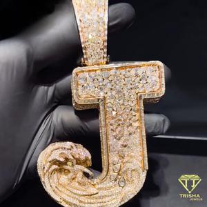 Iced Moissanite J <b>Initial</b> Pendant Necklace With Cuban Link <b>Chain</b>, Custom Letter Nameplate Jewelry, Hip Hop Fashion - Product Image 3