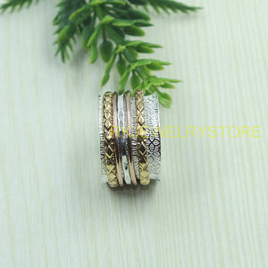 Anillo Giratorio Hecho a Mano de Plata, Latón y Cobre, Anillo de Meditación de Banda Ancha con Patrón Texturizado, Joyería para Aliviar la Ansiedad, Regalo Unisex para Ella y Él - Product Image 5
