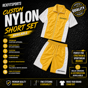 REXFIT SPORTS 2026 ชุดกีฬาผู้ชายแบบกำหนดเอง สีเหลืองขาว ผ้าไนลอน เสื้อแจ็คเก็ตแขนสั้นแบบซิปเต็มตัวและกางเกงขาสั้น - Product Image 1