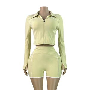 Fully Customized Two Piece Yoga Fitness Quarter <b>Zip</b> Crop Top With Mid Waist Booty Shorts Athletic Full Sleeve Yoga Top - Product Image 1