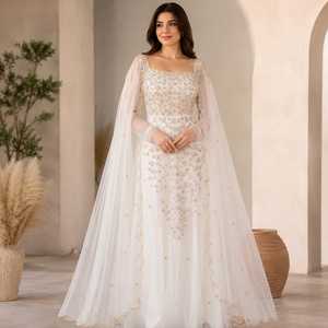 White Pearl Crystal Embellished Chiffon <b>Cape</b> Gown for <b>Women</b> Designer Bridal Evening Dress Premium Wedding Reception Embroidery - Product Image 3