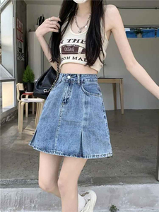 Women High Waist <b>Denim</b> Mini <b>Skirt</b> A-Line Pleated Casual Solid Washed Style All Seasons Comfortable Woven Fabric - Product Image 2