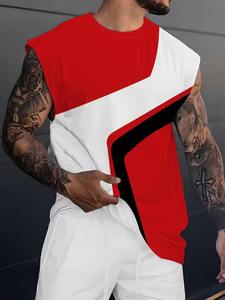 Men's Sleeveless Tank Top Red White Black Geometric Color <b>Block</b> O-Neck Casual Breathable Knitted Polyester Shirt - Product Image 4
