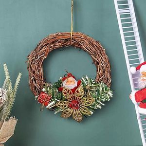 Corona de ratán hecha a mano con Papá Noel y follaje, corona decorativa navideña con flores, sin iluminación, paquete de una sola pieza - Product Image 4