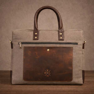 Sacoche pour ordinateur portable classique en toile grise bicolore, sac de bureau professionnel durable avec poignées en cuir et bandoulière - Product Image 2