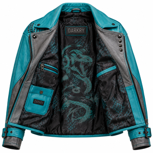 Türkisgraue Damen Echtleder Bikerjacke mit individuellem Schlangen-DJ-Print, asymmetrischem Reißverschluss, Nieten an Schulter und Ärmeln, Schnallenmantel - Product Image 5