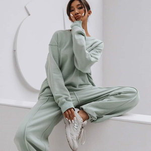 <b>Women</b> <b>White</b> <b>Tracksuit</b> Set Crew Neck Full Sleeve Solid Color Casual Loose Fit Sweatshirt And Pants With Side Pockets Autumn Wear - Product Image 3