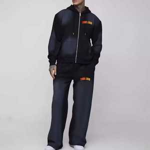 Precio al por mayor: Chándal para hombre con lavado ácido - Personalizable, 100% algodón, transpirable, ligero, estilo urbano, con sudadera con cremallera y pantalones acampanados - Product Image 1