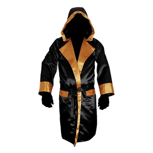 Black and Gold Printed Breathable Hooded <b>Robe</b> Unisex Adult Lightweight 100% Polyester Boxing Walkout <b>Coat</b> for Ring Entrance Use - Product Image 1