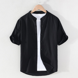 Mandarin <b>Collar</b> Cotton Casual <b>Men</b> <b>Shirt</b> Short Sleeve Button Down Regular Fit <b>Shirts</b> Clothes <b>Shirts</b> <b>Men</b> - Product Image 1