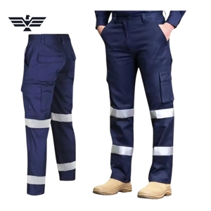 Mens Navy Blue Fluorescent Reflective Polyester Silk Screen Printed <b>Work</b> <b>Pants</b> Multi-Pocket <b>Cargo</b> Design Industrial - Product Image 1
