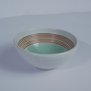 White Speckled Ceramic Small Serving Bowl 13.5x6cm Aqua Center Brown Stripe Eco-Friendly Dishwasher Safe Microwave Stackable - Product Image 1