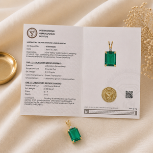 14KT <b>Solid</b> Yellow <b>Gold</b> Lab Grown Diamond & Colombian Emerald Pendant <b>Charm</b> Classic Solitaire Fine Jewelry for Women's - Product Image 6