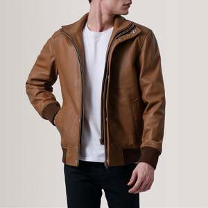 Blouson Bomber Homme en Cuir Véritable Col Montant Fermeture Éclair Décontracté Automne Coupe Slim Couleur Unie Coupe-Vent - Product Image 5