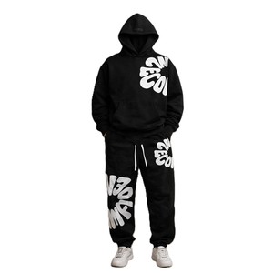 Unisex Black Cotton Tracksuit Set Hooded Sweatshirt and <b>Jogger</b> Pants with <b>White</b> Letter Print Streetwear Style Full Length Loose - Product Image 1