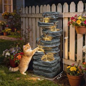 Fontana da Giardino a LED da Esterno Alta 100 cm, Cascata a 6 Livelli in Resina Grigia, Elegante Cascata da Esterno con LED - Product Image 3