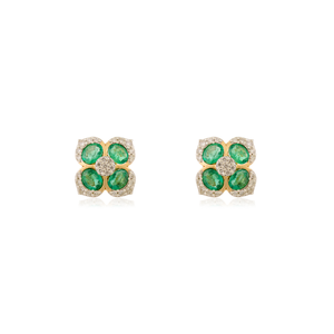 Exclusive Modernist Style Zambian Emerald & Diamond Flower Shape Big Stud Earrings For Wedding Bridesmaid Gifts 18K Yellow Gold - Product Image 1