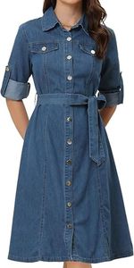 Robe chemise en jean pour femme, boutonnée, col rabattu, manches trois quarts, ceinturée, décontractée, pour tous les jours - Product Image 1