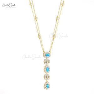 Collar de moda con topacio azul suizo de 0.63 CT y halo de diamantes con cadena larga de oro sólido de 14k para mujer, ideal para regalo. - Product Image 3