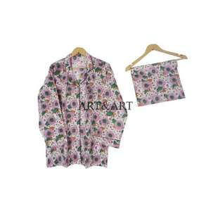 Ensemble de pyjama en coton floral confortable pour femmes, imprimé indien, grande taille, vêtements de nuit thermiques et respirants avec poches - Product Image 2