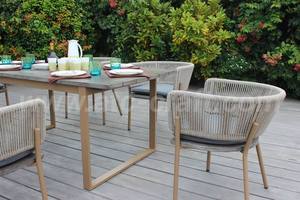 Modern Outdoor Patio Dining Set with Rattan Chairs and Wooden <b>Table</b> for Garden Use - Product Image 6