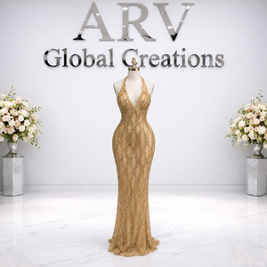 Robe de sirène luxueuse en perles dorées |   Robe de soirée de créateur à col halter en V profond |   Tenue de soirée ornée de cristaux pour femmes, mariage - Product Image 1