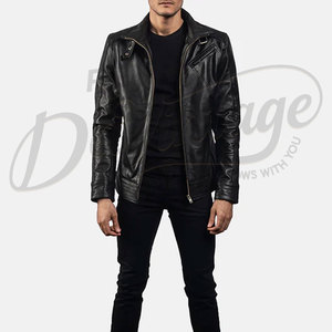 Blouson de motard en cuir noir pour homme, coupe ajustée, en véritable peau de mouton, automne-hiver, décontracté, col réglable, vêtement d'extérieur - Product Image 6