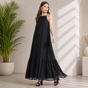 Elegante Vestido Maxi de Georgette a Rayas Negras con Tirantes Finos, Dobladillo en Capas Suelto y Capa Transparente, Ideal para Fiestas y Verano Casual para Mujer - Product Image 2