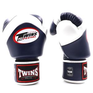 Gants de boxe bleus et blancs en cuir avec fermeture à lacets, respirants, pour entraînement et sparring, design personnalisé avec logo - Product Image 1