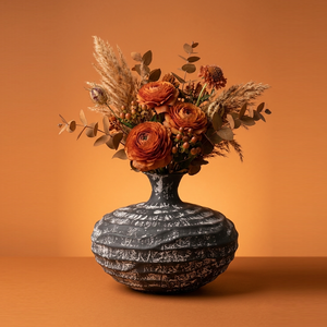 Vase à fleurs côtelé artisanal noir, finition noire avec des accents blancs texturés, pour décoration intérieure moderne - Product Image 2