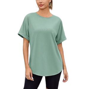 Camisetas de Cuello Redondo Color Verde Salvia para Mujer, Moda de Verano, Casual, Personalizadas con Bordado, Transpirables, Holgadas, con Logotipo, de Alta Calidad - Product Image 4
