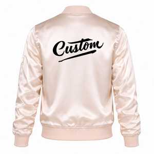 Blouson Bomber Homme Beige en Satin avec Logo Personnalisé sur le Devant, Fermeture Pull-Over, Col Montant Brodé, Style Hiver Streetwear - Product Image 4