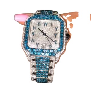 Custom Blue Belt Diamond <b>Watch</b> Elegant <b>Men's</b> Moissanite <b>Watch</b> Iced Stainless Steel Bracelet Strap White Quartz <b>Watches</b> - Product Image 1