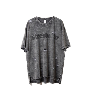OEM Distressed Washed T Shirt Women Drop Shoulder Distress Wash Tee Shirts Men's Oversize Vintage Wash Distress T-Shirt Ladies - Product Image 1