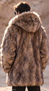 <b>Men's</b> Faux Fox Fur Parka Hooded Overcoat Thick Winter <b>Coat</b> Regular Fit Single Button Solid Color Outerwear - Product Image 3