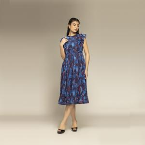 Premium Quality Women Blue Color Floral Printed <b>Ruffle</b> Sleeve <b>Dress</b> Casual Daily Wear Available at Manufacturer Price - Product Image 1